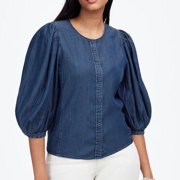 Madewell Denim Puff-Sleeve Button-Up Top Size 2 - Picture 1 of 11